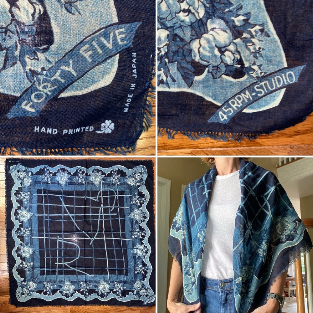 45R 45RPM Japan $348 Indigo Hand Printed Floral 42” Scarf Furoshiki NWOT